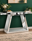 56" Silver Mirrored Glass Geometric Pedestal Console Table