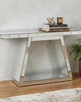 56" Silver Mirrored Glass Geometric Pedestal Console Table