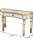 47" Gold And Silver Mirrored Glass And Solid Wood Half Moon Console Table With Drawer