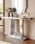 47" Silver Glass And Solid Wood Sled Console Table