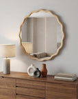 31" Natural Solid Wood Scalloped Round Framed Bathroom Vanity Mirror