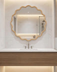 31" Natural Solid Wood Scalloped Round Framed Bathroom Vanity Mirror