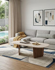 52" Tan Melamine Veneer And Wood Oval Double Pedestal Coffee Table