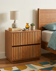 22" Walnut Wood Ribbed Texture Two Drawer Nightstand