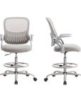 Gray And White Swivel Rolling Drafting Chair With Footrest
