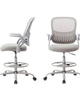 Gray And White Swivel Rolling Drafting Chair With Footrest