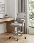 Gray And White Swivel Rolling Drafting Chair With Footrest