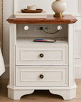 24" White And Brown Wood Two Drawer Nightstand with USB Port and Integrated Tech