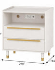 26" White Wood Two Drawer Nightstand with USB Port and Integrated Tech