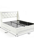White Metal And Tufted Faux Leather Lighted Upholstered Queen Bed Frame With USB And Drawers