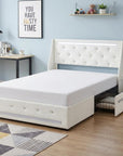 White Metal And Tufted Faux Leather Lighted Upholstered Queen Bed Frame With USB And Drawers