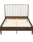 Walnut And Beige Solid Wood And Tufted Linen Blend Upholstered Queen Bed Frame