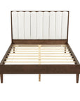 Walnut And Beige Solid Wood And Tufted Linen Blend Upholstered Queen Bed Frame