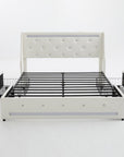 White Metal And Tufted Faux Fur Lighted Upholstered Full Bed Frame With Drawers With Drawers Storage