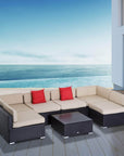Aosom 7 Piece Outdoor Patio Rattan Wicker Modular U Shaped Sectional Sofa Set with Coffee Table in Beige, image 1