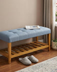 40" Light Gray and Brown Upholstered Polyester Bench with Shelves