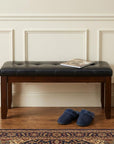 48" Black and Espresso Faux Leather and Wood Upholstered Bench