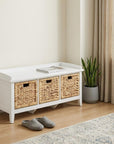 43" White Distressed Solid Wood Storage Bench with Baskets
