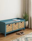 43" White Distressed Solid Wood Storage Bench with Baskets