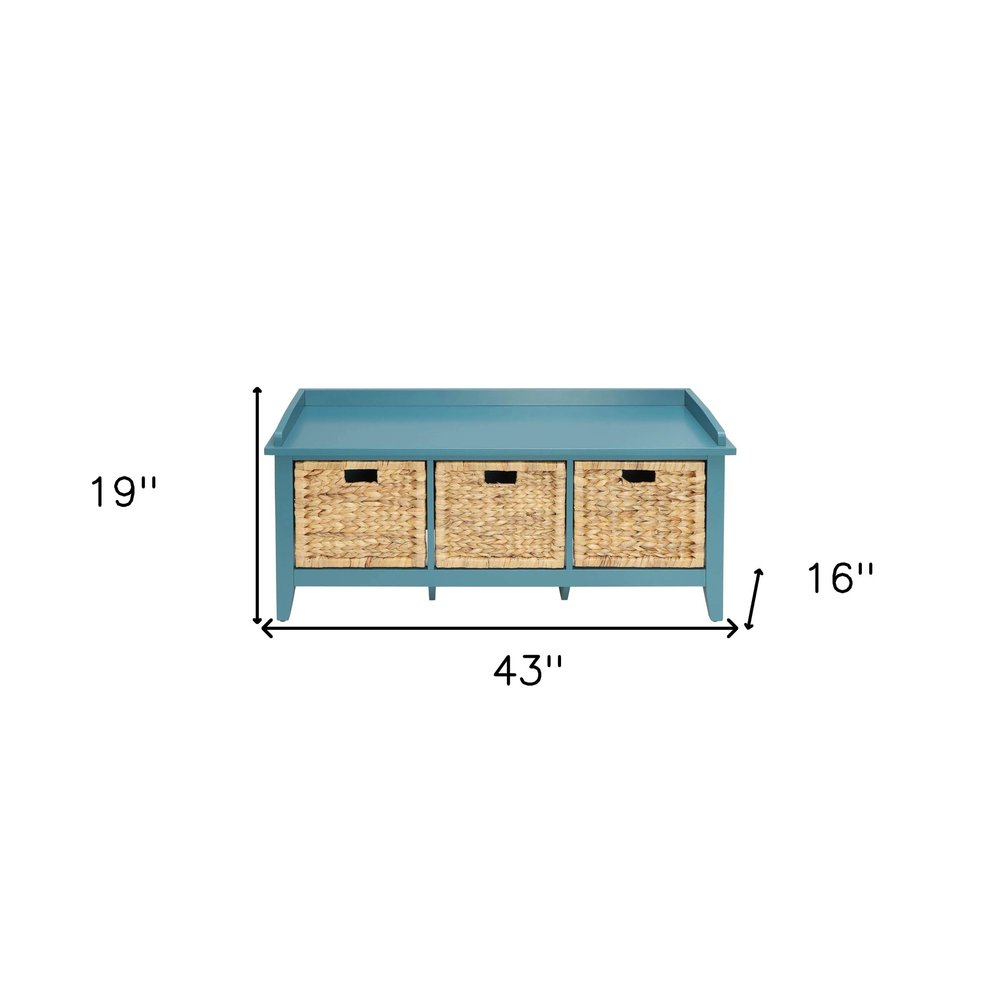 43" White Distressed Solid Wood Storage Bench with Baskets