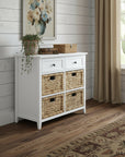 30" White Wood And Water Hyacinth Accent Cabinet With Six Drawers
