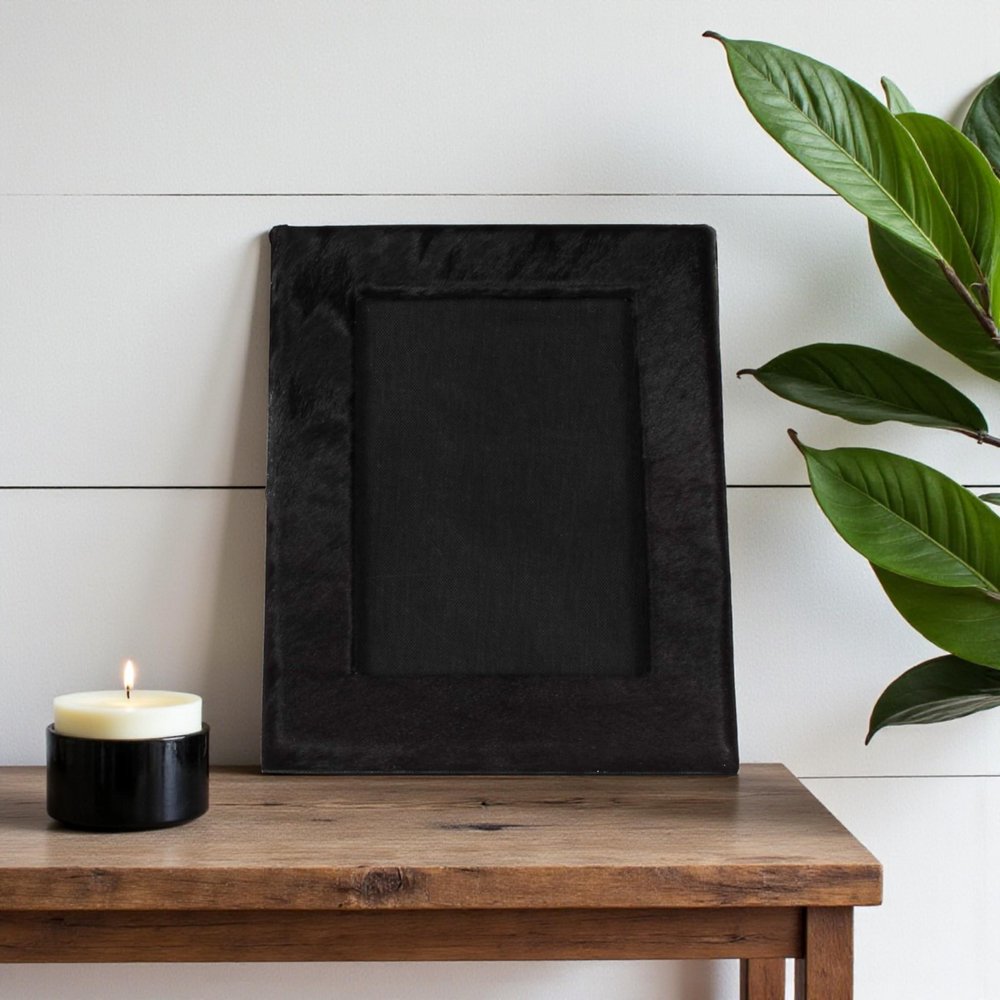 5" x 7" Black Cowhide Hanging &amp; Tabletop Picture Frame with Mat