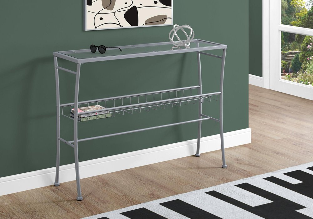42" Clear and Silver Glass and Metal Console Table With Shelf