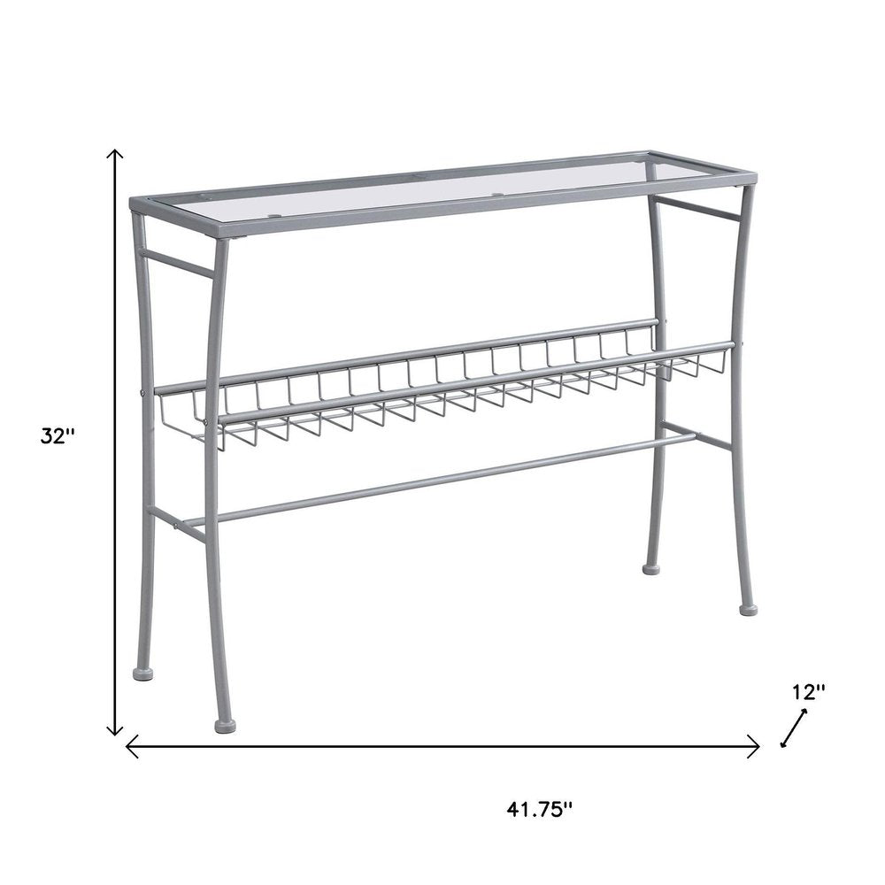 42" Clear and Silver Glass and Metal Console Table With Shelf