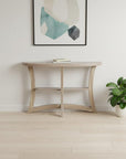 47" Taupe Half Moon Three Leg Console Table With Shelves