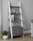 69" Gray and White Wood Ladder Bookcase With Two drawers