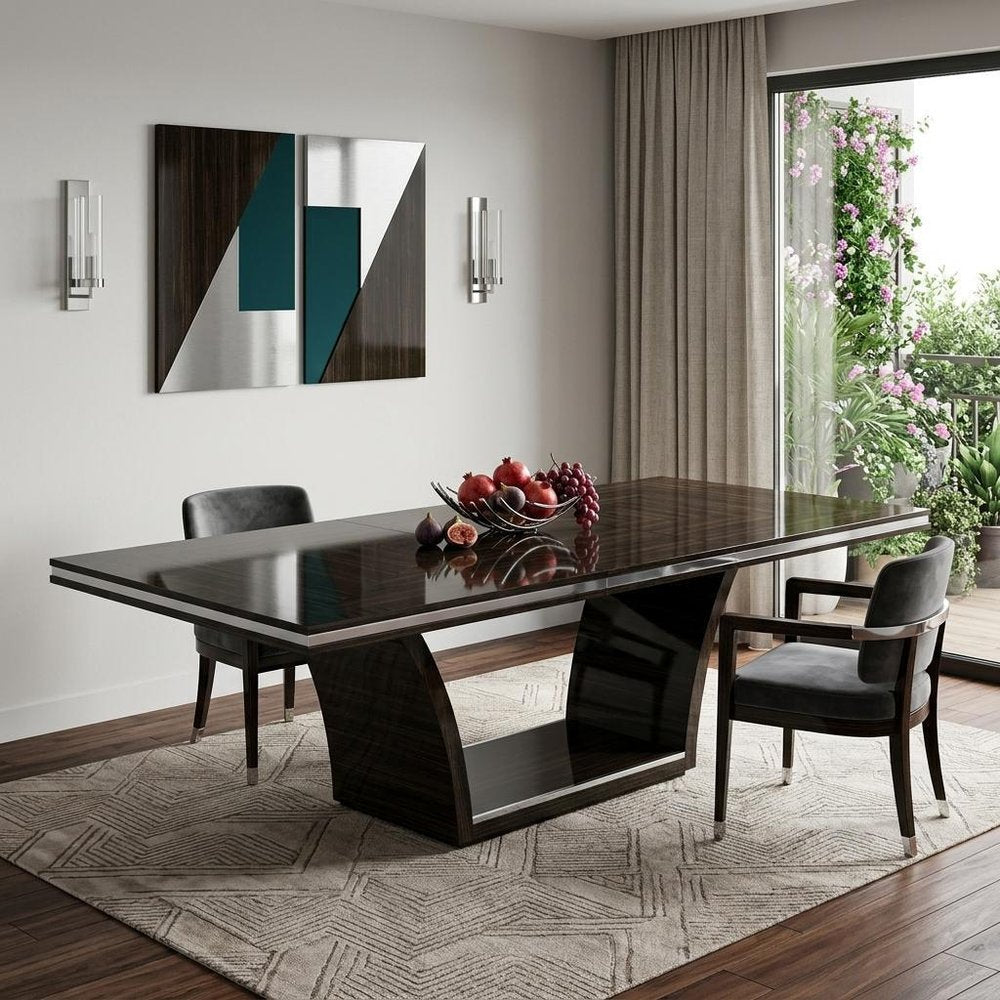 Seven Piece Dark Brown Solid Wood Dining Set with Six Chairs