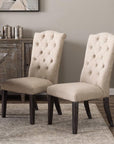 Set of Two Tufted Beige and Espresso Upholstered Linen Dining Side Chairs