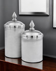 Set of Two Silver Aluminum Tweed Decorative Canisters