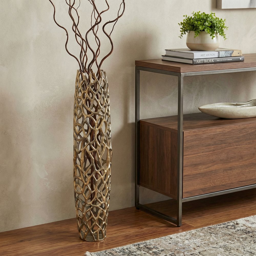 40" Aluminum Silver Twigs Cylinder Floor Vase