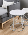 Set of Two White and Silver Marble and Metal Round Pedestal End Tables