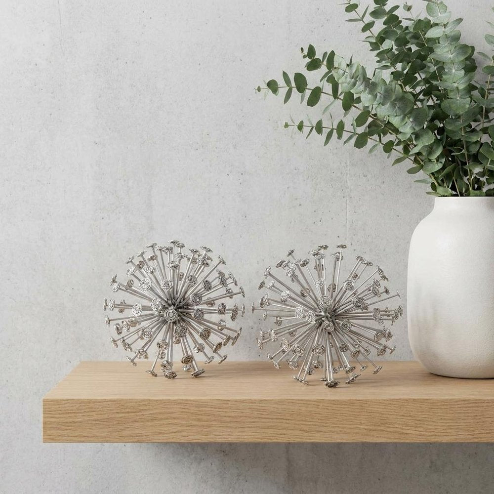 Set of Two Gold Cast Iron Decorative Spiky Sphere Tabletop Sculptures