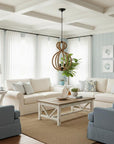 Natural and Black Iron and Rope Three Light Ceiling Light