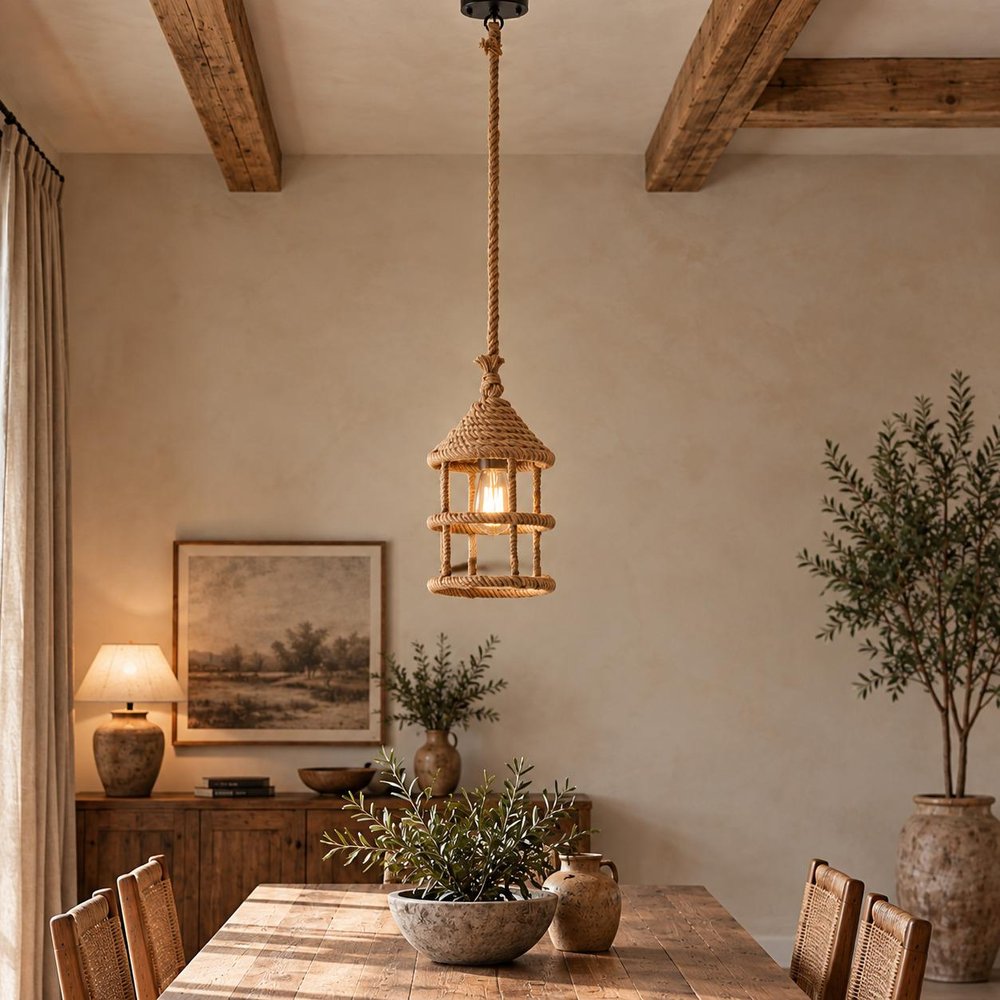 Beige and Black Iron and Rope Ceiling Light