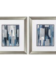 Set of Two Modern Blue Abstract Silver Framed Art