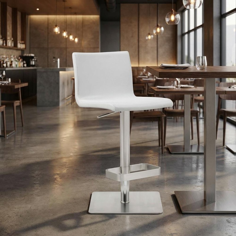 White And Silver Faux Leather And Steel Counter Height Bar Chair
