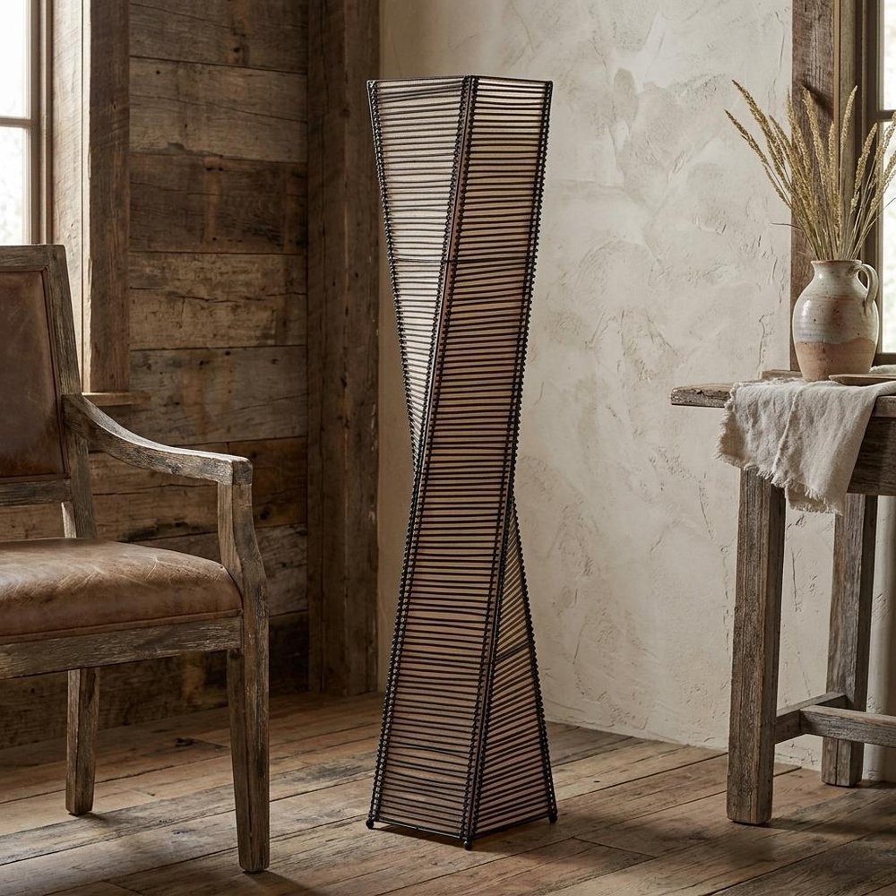 50" Black Floor Lamp With Black and Tan Twisted Cylinder Shade