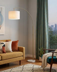 74" Brass Metal Arc Floor Lamp With Off White Linen Drum Shade
