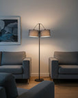 91" Silver Three Light Tree Floor Lamp With Gray Linen Drum Shade