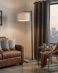 61" Grey And Black Arc Floor Lamp With White Fabric Drum Shade
