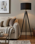 60" Natural Metal Tripod Floor Lamp With White Fabric Drum Shade
