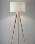 60" Natural Metal Tripod Floor Lamp With White Fabric Drum Shade