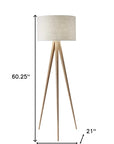 60" Natural Metal Tripod Floor Lamp With White Fabric Drum Shade