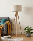 60" Natural Metal Tripod Floor Lamp With White Fabric Drum Shade
