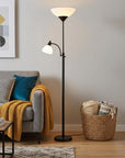 71" Silver Metal Two Light Torchiere Floor Lamp With White Bowl Shade