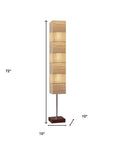 72" Brown And Silver Three Light Column Floor Lamp With Beige Paper Rectangular Shade